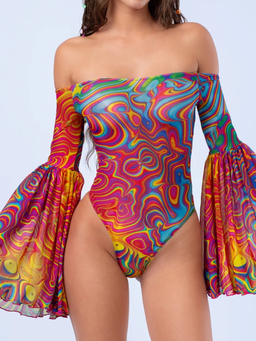Badinka Off-Shoulder Multicolor Psychedelic One-Piece Bodysuit